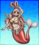 2021 absurd_res blush bottomwear breasts clothed clothing digital_media_(artwork) female hair hi_res humanoid marine merfolk navel one_piece pink_hair shirahoshi split_form topwear viroveteruscy