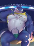  anthro belly biceps clothed clothing clothing_lift fish fug@9 hi_res lifewonders male marine musclegut muscular_arms muscular_legs navel pecs scar shark shirt shirt_lift solo speedo swimwear tank_top tokyo_afterschool_summoners topwear typhon veiny_muscles video_games 