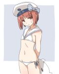  1girl abyssal_ship arms_behind_back bikini brown_eyes brown_hair cowboy_shot enemy_lifebuoy_(kancolle) flat_chest kantai_collection looking_at_viewer lowleg lowleg_bikini official_alternate_costume sailor_bikini sailor_collar short_hair side-tie_bikini solo swimsuit tewarusa white_bikini white_headwear white_sailor_collar z3_max_schultz_(kancolle) 