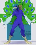  arta_aere avian beak bird blue_body blue_feathers feathers galliform green_eyes hair hi_res long_hair male peafowl phasianid solo speccychicken 