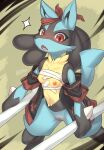  2022 absurd_res anthro areola black_body blue_body blush bone breasts canid chest_wraps cleft_of_venus female genitals hi_res holding_object kemono looking_at_viewer lucario mammal nintendo nipples open_mouth pok&eacute;mon pok&eacute;mon_(species) pussy red_eyes small_breasts solo video_games wraps zinfyu 