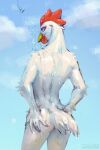  anthro avian beak butt cloud day elbow_tuft glistening glistening_eyes hi_res looking_at_viewer looking_back lostgoose male nude rear_view red_eyes shoulder_tuft shower sky solo standing tuft water wet wet_body white_body white_tail yellow_beak 