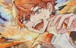 1boy adam&#039;s_apple arm_up blue_eyes cloud cloudy_sky collared_jacket commentary_request earrings hair_behind_ear hair_between_eyes highres jacket jewelry kitami_yusei looking_at_viewer male_focus nijisanji ocean open_clothes open_jacket open_mouth orange_hair outdoors piercing ringed_eyes shirt single_earring sky solo sunset sweat teeth tongue unzipped upper_body virtual_youtuber white_shirt ywnwjp4fgos9njn zipper 
