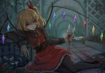  1girl absurdres bird blonde_hair blood crystal death flandre_scarlet flower full_of_energy guro highres looking_at_viewer no_hat no_headwear one_side_up red_eyes red_flower red_nails red_ribbon red_rose ribbon rose solo touhou wings 
