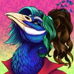  anthro arta_aere avian beak bird blue_body blue_feathers clothed clothing feathers galliform green_eyes hair hi_res lintuuli long_hair male peafowl phasianid solo 