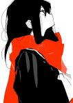  1girl black_hair black_serafuku from_side goguma_wagamja highres kagerou_project limited_palette looking_up red_scarf scarf school_uniform serafuku simple_background solo tateyama_ayano upper_body white_background 