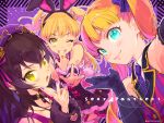  3girls ;d animal_ears bangs black_hair blonde_hair blunt_bangs blush double_w dress elbow_gloves fake_animal_ears fur-trimmed_dress fur_trim gloves heart highres idolmaster idolmaster_cinderella_girls jougasaki_rika mary_cochran matoba_risa mizunoawa_c multiple_girls nail_polish one_eye_closed patterned_background purple_background rabbit_ears selfie sleeveless sleeveless_dress smile twintails two_side_up v w 