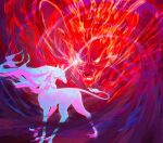  beast fiery_background fire frown glowing glowing_eyes hair_lift highres horns light light_rays long_hair looking_at_another nephelomancer no_humans open_mouth original sharp_teeth sparkle teeth unicorn wind 