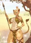  anthro armband big_breasts bottomwear bracelet breasts cleavage clothed clothing disney ear_piercing ear_ring eyebrows eyelashes fangs feathers felid female green_eyes hand_on_hip hi_res jewelry lion loincloth looking_at_viewer mammal melee_weapon nala navel open_mouth open_smile outside pantherine piercing plant polearm ring_piercing shinef skimpy smile solo spear the_lion_king tree tribal weapon 