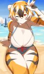  absurd_res anthro arknights beach big_breasts breasts cleavage clothed clothing felid female fur hair hand_over_head hi_res hypergryph looking_at_viewer mammal mx99926 one-piece_swimsuit one_eye_closed orange_body orange_eyes orange_fur pantherine seaside short_hair sitting solo striped_body striped_fur stripes studio_montagne swimwear tiger video_games waaifu_(arknights) 