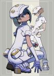  1boy 1girl :o aether_foundation_employee aether_foundation_uniform black_hair brown_hair commentary eudetenis gloves hat highres holding holding_poke_ball jumpsuit logo looking_at_viewer looking_to_the_side open_mouth overalls pantyhose poke_ball poke_ball_(basic) pokemon pokemon_sm shoes short_hair short_sleeves squatting white_gloves white_hat white_jumpsuit white_overalls white_pantyhose white_shoes 