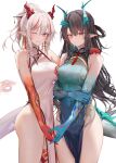  2girls ;d arknights arm_tattoo bare_shoulders black_hair braid breasts china_dress chinese_clothes clenched_teeth colored_skin covered_navel cowboy_shot dragon_horns dragon_tail dress dusk_(arknights) dusk_(everything_is_a_miracle)_(arknights) earrings folded_ponytail green_hair green_skin hand_on_another&#039;s_shoulder highres holding_hands horns jewelry long_hair multicolored_hair multiple_girls nian_(arknights) nian_(unfettered_freedom)_(arknights) no_panties official_alternate_costume one_eye_closed parted_lips pelvic_curtain pointy_ears purple_eyes red_eyes red_skin revision ru_zhai siblings simple_background sisters sleeveless sleeveless_dress small_breasts smile streaked_hair tail tassel tassel_earrings tattoo teeth thighs white_background white_dress white_hair 