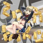  1girl bangs black_jacket blazer blonde_hair blood blood_on_clothes blood_on_face blood_on_hands blood_on_leg blue_skirt bow bowtie breasts brown_footwear cafe_no_zombi-ko chiyoko_yama collared_shirt commentary_request full_body gold_bar green_eyes indie_virtual_youtuber jacket loafers looking_at_viewer medium_breasts midriff miniskirt open_clothes open_jacket open_mouth red_bow red_bowtie shirt shoes short_hair skirt solo torn_clothes torn_jacket torn_shirt torn_skirt underboob virtual_youtuber white_shirt zombie 