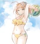  1girl alternate_costume alternate_hairstyle artist_name bikini breasts brown_hair chougei_(kancolle) commentary_request cowboy_shot dated food frilled_bikini frills fruit grey_eyes grin highres kantai_collection kirisawa_juuzou large_breasts long_hair looking_at_viewer ponytail side-tie_bikini smile solo standing swimsuit watermelon 
