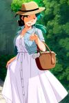  1girl aqua_hair basket blue_jacket dress feet_out_of_frame hat holding holding_basket jacket lipstick long_dress long_hair low_ponytail makeup non-web_source official_art open_clothes open_jacket photoshop_(medium) picnic_basket randou_serika red_lips short_sleeves smile solo standing straw_hat sun_hat sundress super_real_mahjong tanaka_ryou white_dress 