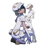  1boy 1girl :o aether_foundation_employee aether_foundation_uniform black_hair brown_hair commentary eudetenis gloves hat highres holding holding_poke_ball jumpsuit looking_at_viewer looking_to_the_side open_mouth overalls pantyhose poke_ball poke_ball_(basic) pokemon pokemon_sm shoes short_hair short_sleeves simple_background squatting white_background white_gloves white_hat white_jumpsuit white_overalls white_pantyhose white_shoes 