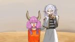  2girls aura_(sousou_no_frieren) braid demon_horns dress earrings elf execution executioner expressionless frieren green_eyes highres holding holding_knife horns isis_(terrorist_group) jewelry knife long_hair long_sleeves looking_at_viewer multiple_braids multiple_girls nemuri_tai orange_robe pointing pointing_at_viewer pointing_melee_weapon pointy_ears prisoner purple_eyes purple_hair robe scared serious simple_background sousou_no_frieren striped_clothes tears twintails white_dress white_hair 