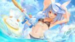  1girl animal_ears arm_up bikini black_bikini blue_hair blue_sky braid breasts bunny-shaped_pupils carrot_hair_ornament cloud day ears_through_headwear food-themed_hair_ornament hair_ornament hand_up hat highres holding holding_water_gun hololive looking_at_another looking_at_viewer medium_breasts monkey1468 multicolored_hair navel nousagi_(usada_pekora) ocean open_mouth orange_eyes partially_submerged rabbit_ears sky smile summer swimsuit symbol-shaped_pupils twin_braids two-tone_hair usada_pekora virtual_youtuber water_gun white_hair white_headwear 