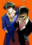  2boys angebluee artist_name black_hair cigar cigarette cowboy_bebop crossover glasses hand_in_pocket highres male_focus multiple_boys nicholas_d._wolfwood signature smoke smoking spike_spiegel suit trigun watermark 