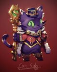  1boy animal_ears animal_nose black_eyes boots cait_sith_(housamo) cape cat_boy cat_ears cat_tail character_name closed_mouth colored_sclera commentary_request full_body furry furry_male green_sclera hat highres holding holding_staff looking_at_viewer male_focus purple_fur red_background signature smile solo staff tail tokyo_afterschool_summoners toomiro vignetting 