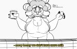  absurd_res anthro apron apron_only belly beware_the_shadowcatcher big_breasts bottomwear bovid breasts caprine chubby_female clothing coffee_cup container counter cup dialogue eyewear female glasses goat hair_curlers hi_res huge_breasts looking_at_viewer mammal mature_female maude_(bts) mostly_nude mr_valentine00 nipple_outline nipples pants smile smiling_at_viewer solo wide_hips zed_technician_games 
