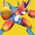  abs anthro armor bandai_namco blue_body claws digimon digimon_(species) flamedramon headgear helmet horn male pecs red_eyes scalie simple_background solo someguy944 yellow_background 