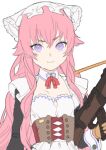 1girl :3 bow brown_corset brown_gloves closed_mouth corset flat_chest frills gloves grey_background gun hair_between_eyes holding holding_gun holding_weapon koyoi_mitsuki long_hair looking_at_viewer original pink_hair purple_eyes red_bow simple_background smile solo weapon 