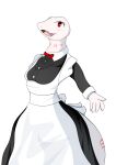  2021 5_fingers absurd_res albino anthro apron big_tail biped black_clothing black_dress blush bow_(feature) breasts cel_shading clothed clothing crusch_lulu cute_fangs digital_drawing_(artwork) digital_media_(artwork) dress eyelashes female fingers front_view fully_clothed hi_res humanoid_hands lizard lizardman_(overlord) long_neck long_tail looking_at_viewer maid_uniform markings medium_breasts neck_markings non-mammal_breasts open_mouth open_smile ordinary_zero overlord_(series) pink_markings pink_tongue portrait pupils red_bow red_eyes reptile scalie shaded simple_background slit_pupils smile smiling_at_viewer solo tail_markings thick_tail three-quarter_portrait three-quarter_view tongue tribal tribal_markings uniform white_apron white_background white_body 