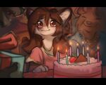  2022 anthro breasts brown_eyes brown_hair cake canid canine canis clothed clothing dessert digital_media_(artwork) domestic_dog female fingers food group hair hi_res hyilpi mammal open_mouth pink_nose smile teeth trio 