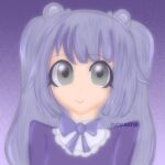  1girl blurry bow dress grey_eyes highres original purple_background purple_bow purple_dress purple_hair purple_theme purpxlina simple_background smile solo watermark 