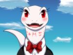  2018 4:3 albino anthro biped black_clothing black_topwear blue_sky blush bow_(feature) bust_portrait cel_shading clothed clothing cloud crusch_lulu cute_fangs day detailed_background digital_drawing_(artwork) digital_media_(artwork) eyelashes female front_view lizard lizardman_(overlord) long_neck long_tail looking_at_viewer maid_uniform markings membrane_(anatomy) neck_markings ordinary_zero outside overlord_(series) pink_markings portrait red_eyes reptile scalie shaded sky smile smiling_at_viewer solo topwear tribal tribal_markings uniform white_body white_clothing white_topwear 