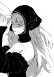 1girl bangs bare_shoulders breasts cleavage detached_sleeves dungeon_meshi ear_covers elf from_side greyscale hands_up headdress highres jack_(haist) lace-trimmed_headwear lace-trimmed_sleeves lace_trim long_hair long_sleeves looking_at_viewer looking_to_the_side marcille monochrome open_mouth out_of_frame pointy_ears simple_background sleeves_past_wrists solo_focus spoilers sweat upper_body winged_lion_(dungeon_meshi) 