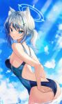  1girl absurdres animal_ear_fluff animal_ears back backless_swimsuit bangs bare_arms blue_archive blue_eyes blue_sky breasts bright_pupils cloud cloudy_sky competition_swimsuit cross_hair_ornament day dutch_angle grey_hair hair_ornament halo highres leaning_forward light_blush looking_at_viewer looking_back medium_breasts mismatched_pupils one-piece_swimsuit outdoors parted_lips ponytail seno_(senohime) shiroko_(blue_archive) shiroko_(swimsuit)_(blue_archive) sidelocks sky solo standing sunlight swimsuit swimsuit_tug turning_head two-tone_swimsuit wading wet wet_clothes wet_swimsuit white_pupils 