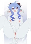  5_fingers anthro anus blue_hair bovid breasts caprine eyebrows eyelashes female fingers genitals goat hair hi_res horn kyotoleopard mammal nude purple_eyes pussy smile solo 