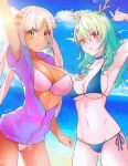  2girls antlers arm_up beach bikini blonde_hair blue_bikini blue_choker blue_sky blush breasts ceres_fauna choker cleavage closed_mouth cloud dark-skinned_female dark_skin day drawstring english_commentary flower green_hair hair_flower hair_ornament hibiscus highres hololive hololive_english large_breasts leaf long_hair looking_at_viewer multiple_girls navel ocean outdoors parted_lips purple_sweater red_flower side-tie_bikini signature sk_jynx sky smile stomach sunlight sweater swimsuit tsukumo_sana twintails virtual_youtuber wavy_hair white_bikini yellow_eyes 