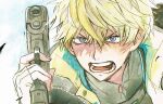  1boy arm_up blonde_hair blue_eyes bulletproof_vest commentary_request crossed_bangs fingerless_gloves gloves gun holding holding_gun holding_weapon looking_ahead male_focus nijisanji nijisanji_en open_mouth solo sonny_brisko teeth unzipped upper_body v-shaped_eyebrows virtual_youtuber weapon white_background ywnwjp4fgos9njn zipper 