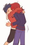  2boys arms_around_neck black_hair black_jacket black_shorts blush chueog curtained_hair dot_nose ear_blush ethan_(pokemon) feet_out_of_frame hand_blush highres hood hood_down hooded_jacket hug jacket long_sleeves male_focus medium_hair multiple_boys nervous_sweating open_mouth pants pokemon pokemon_hgss purple_pants red_hair red_jacket red_trim shorts silver_(pokemon) simple_background standing sweat white_background yaoi 