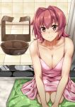  1girl alternate_costume bathroom blush breasts casual_one-piece_swimsuit collarbone highres kantai_collection kinu_(kancolle) large_breasts one-piece_swimsuit pink_swimsuit red_eyes red_hair seiza short_hair sitting smile solo swimsuit tile_floor tile_wall tiles towel yo-suke 