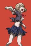  1girl bangs bite_mark black_jacket blazer blonde_hair blood blood_from_eyes blood_on_clothes blood_on_face blood_on_hands blood_on_leg blue_skirt bow bowtie breasts cafe_no_zombi-ko collared_shirt commentary_request feet_out_of_frame green_eyes gun holding holding_gun holding_weapon indie_virtual_youtuber jacket kanimusiv_v looking_at_viewer medium_breasts midriff miniskirt navel open_clothes open_jacket open_mouth pale_skin plaid plaid_skirt red_background red_bow red_bowtie revolver shirt short_hair simple_background skirt solo torn_clothes torn_jacket torn_shirt torn_skirt underboob virtual_youtuber weapon white_shirt zombie 