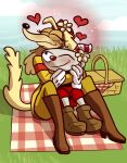  &lt;3 accessory animate_inanimate anthro armband arms_around_torso basket bedding blanket blonde_hair blush boots bottomwear brown_body brown_boots brown_clothing brown_footwear brown_fur brown_shoes canid canine canis clothed clothing container cuddling cup cuphead_(character) cuphead_(game) domestic_dog duo embrace eyelashes eyes_closed female fingers floppy_ears flower flower_in_hair fluffy fluffy_tail footwear for_a_head fur gloves grass hair hair_accessory handwear hat headgear headwear hug humanoid hunting_dog jacket legwear long_snout male male/female mammal military_hat object_head one_eye_closed pants picnic picnic_basket picnic_blanket pilot_saluki_(cuphead) plant red_armband red_bottomwear red_clothing red_hat red_headwear red_nose red_shorts saluki shoes shorts sighthound sitting sitting_on_ground smile snout stacy_willman straw thigh_boots thigh_highs topwear video_games white_clothing white_gloves white_handwear yellow_bottomwear yellow_clothing yellow_jacket yellow_pants 