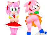 2022 5_fingers accessory aero-sin amy_rose anthro anus areola big_breasts big_butt black_eyes bottomwear bracelet breasts bubble_butt butt classic_amy_rose classic_sonic_(universe) clothed clothing clothing_lift countershade_arms countershade_face countershade_torso countershading digital_drawing_(artwork) digital_media_(artwork) dress duo eulipotyphlan eyelashes female fingers footwear genitals gloves green_clothing green_eyes green_shirt green_topwear hair hair_accessory hairband handwear hedgehog hi_res jewelry lifted_by_self looking_at_viewer looking_back mammal multicolored_body multicolored_face multicolored_skin nipples no_underwear orange_bottomwear orange_clothing orange_skirt pink_body pink_hair pink_skin portrait presenting presenting_anus presenting_breasts presenting_hindquarters pussy red_clothing red_dress sega shirt shoes short_hair short_tail simple_background skirt skirt_lift smile sonic_the_hedgehog_(series) standing tan_body tan_countershading tan_skin three-quarter_portrait tongue tongue_out topwear two_tone_body two_tone_face two_tone_skin video_games white_background white_clothing white_gloves white_handwear 