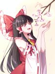  1girl ascot bow brown_hair cherry_blossoms commentary_request detached_sleeves falling_petals flower frilled_bow frilled_hair_tubes frills hair_bow hair_tubes hakurei_reimu highres long_hair miko_day mito_(fate) open_mouth petals pink_flower pink_petals red_bow red_eyes red_skirt ribbon-trimmed_sleeves ribbon_trim signature skirt skirt_set smile touhou twitter_username very_long_hair yellow_ascot 