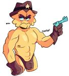 anthro bulge cheese clothing dairy_products everdog food frown frown_eyebrows gloves gun handwear hi_res male male/male muscular muscular_male nipples oiled_body ranged_weapon solo the_vigilante_(pizza_tower) thong underwear weapon