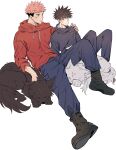  2boys absurdres bangs black_footwear black_hair black_jacket black_pants blush buttons closed_mouth dog facial_mark full_body fushiguro_megumi hair_between_eyes hand_on_another&#039;s_shoulder high_collar highres hood hoodie itadori_yuuji jacket jujutsu_kaisen long_sleeves looking_at_another male_focus multiple_boys older pants pink_hair red_hoodie scar scar_on_face school_uniform short_hair simple_background sitting somwang_07 spiked_hair symbol-only_commentary undercut yaoi 