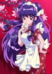  1girl absurdres artist_name chinese_clothes double_bun hair_bun hair_ornament highres kisumi_rei long_hair purple_hair ranma_1/2 red_background red_eyes shampoo_(ranma_1/2) solo twitter_username 