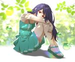  1girl aqua_dress bare_arms black_hair breasts cleavage dress final_fantasy final_fantasy_vii final_fantasy_vii_remake full_body hair_between_eyes highres hugging_own_legs leaf long_hair looking_at_viewer mogu_(kuromezennkainopokke) red_eyes sandals sitting sleeveless sleeveless_dress small_breasts solo sundress tifa_lockhart water_drop younger 