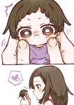  2girls :i absurdres averting_eyes blush bright_pupils brown_eyes brown_hair cheek_poking closed_mouth commentary_request fingernails from_side hairband heart highres holding holding_mini_person izu_lemon kishimen_hair long_hair mini_person minigirl monogatari_(series) multiple_girls nademonogatari nose_blush poking pout sengoku_nadeko short_hair simple_background smile spoken_heart white_background white_pupils 