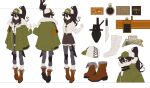 1girl absurdres baseball_cap boots brown_hair coat english_commentary glasses green_coat green_eyes hair_between_eyes hat high_ponytail highres indie_virtual_youtuber kamameshi_gougoumaru kara_wilderwood knife multiple_views pocket_watch ponytail reference_sheet second-party_source socks sweater turtleneck turtleneck_sweater virtual_youtuber watch 