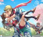  1girl 2boys ace_(fire_emblem) armor arthur_(fire_emblem_fates) blonde_hair brown_hair carrying carrying_person couple dragon family fire_emblem fire_emblem_fates hana_(fire_emblem) highres husband_and_wife kawasaki_ninja_250 kiss misokatsuhaumai multiple_boys muscular muscular_male nintendo parent_and_child percy_(fire_emblem) princess_carry sandals scarf white_armor wyvern 