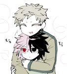  2boys black_eyes black_hair blonde_hair closed_eyes closed_mouth colored_eyelashes commentary_request earclip hair_between_eyes haruno_shion heterochromia holding_another&#039;s_arm hug korean_commentary korean_text long_sleeves male_focus multicolored_hair multiple_boys nanami_izu nu_(qjqmfqjqmf02) open_mouth pink_hair red_eyes saibou_shinkyoku short_hair simple_background smile split-color_hair translation_request two-tone_hair 